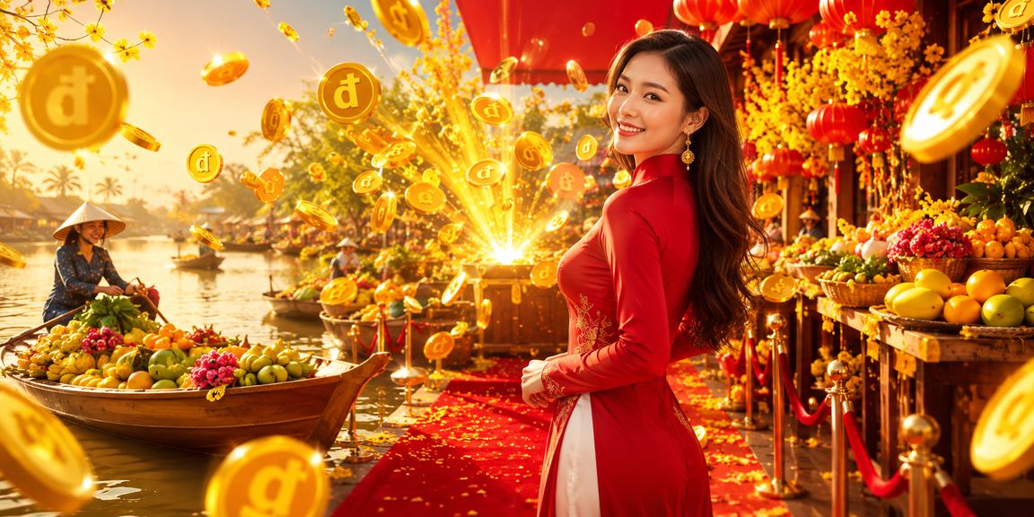 Không khí lễ hội Tết tại vùng Mekong với màn hình slot game và ánh đèn rực rỡ đặc trưng ngày Tết